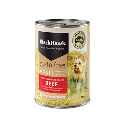 BHC400 Black Hawk Grain Free Dog Wet Beef 400g FOP