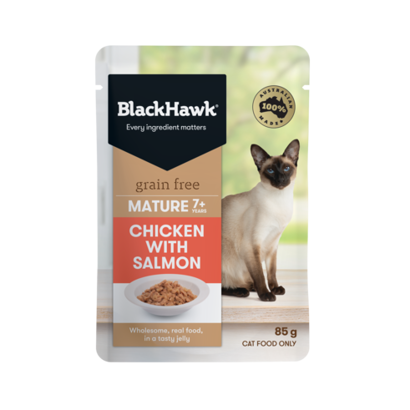 BHC505 Black Hawk Grain Free Mature Wet Cat Chicken With Salmon Front 491X491